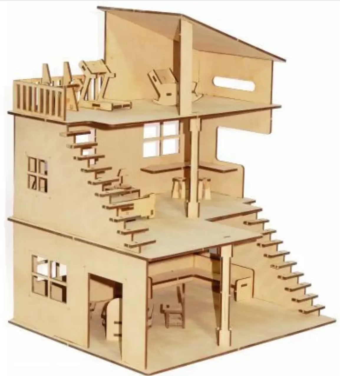 Casa Azul Traditional Doll House with Furniture Classic Wooden Dollhouse Playset for Kids Includes Mini Furniture Durable, Safe & Perfect Gift for Girls & Boys Ages 3+ Years - Brown