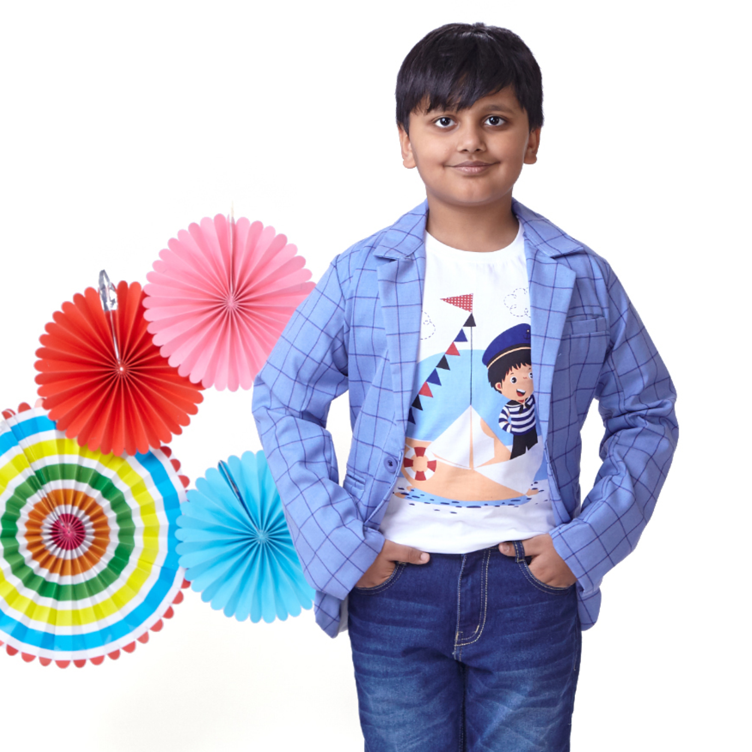 Knit N Knot Boys' Royal Blue Blazer, Printed T-shirt and Indigo Jeans Se