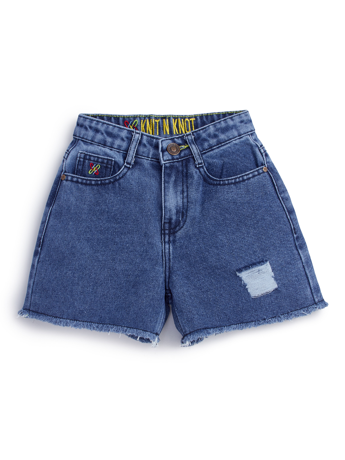 Knit N Knot Girls' Blue Cloud Ripped Shorts- Blue