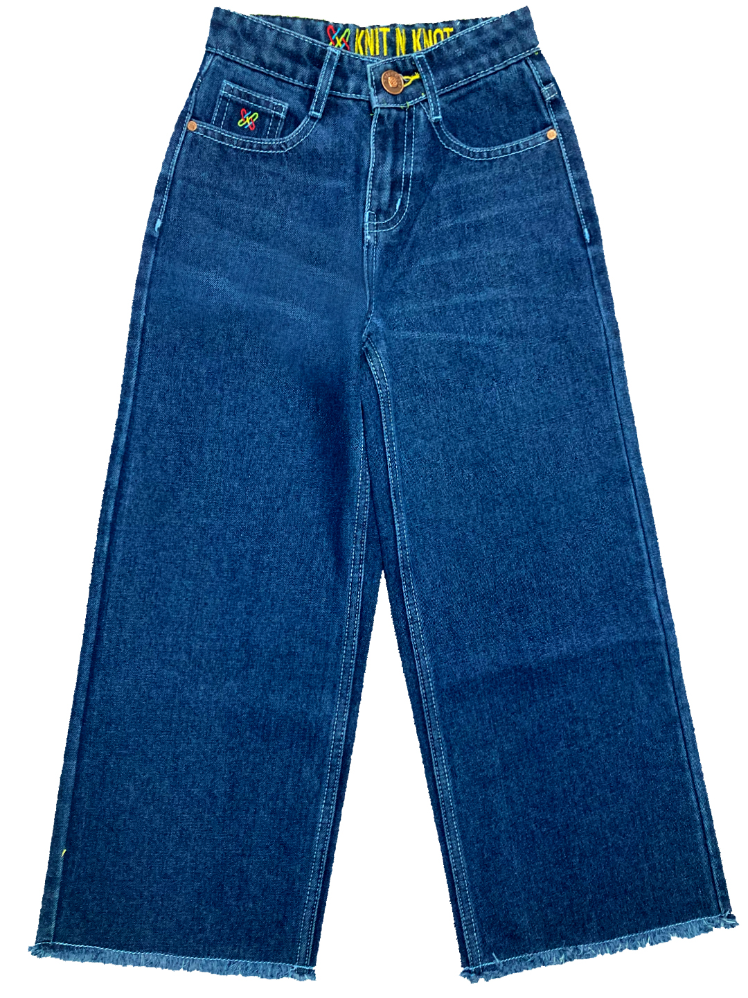 Knit N Knot Girls' Wide Flaring Fit High Waist Raw Indigo Jeans 