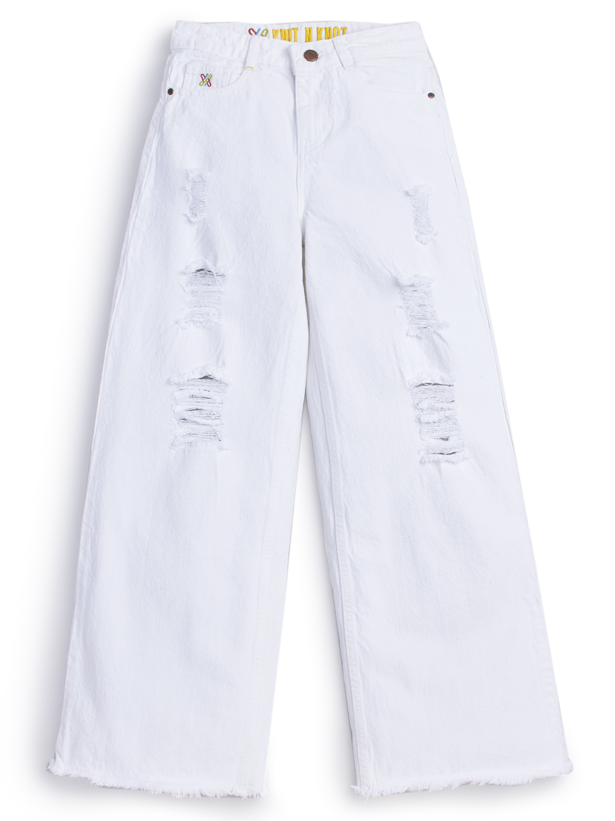 Knit N Knot Girls' Wide Flaring Fit High Waist White Ripped Jeans with Bottom Fringes