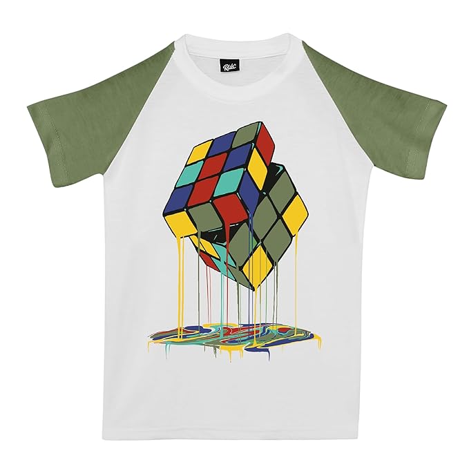 RISH - Cotton Tshirt for Kids with Contrast Sleeve - White Colour Half Sleeve Printed Kid T Shirt Boys & Girls - melt Cube
